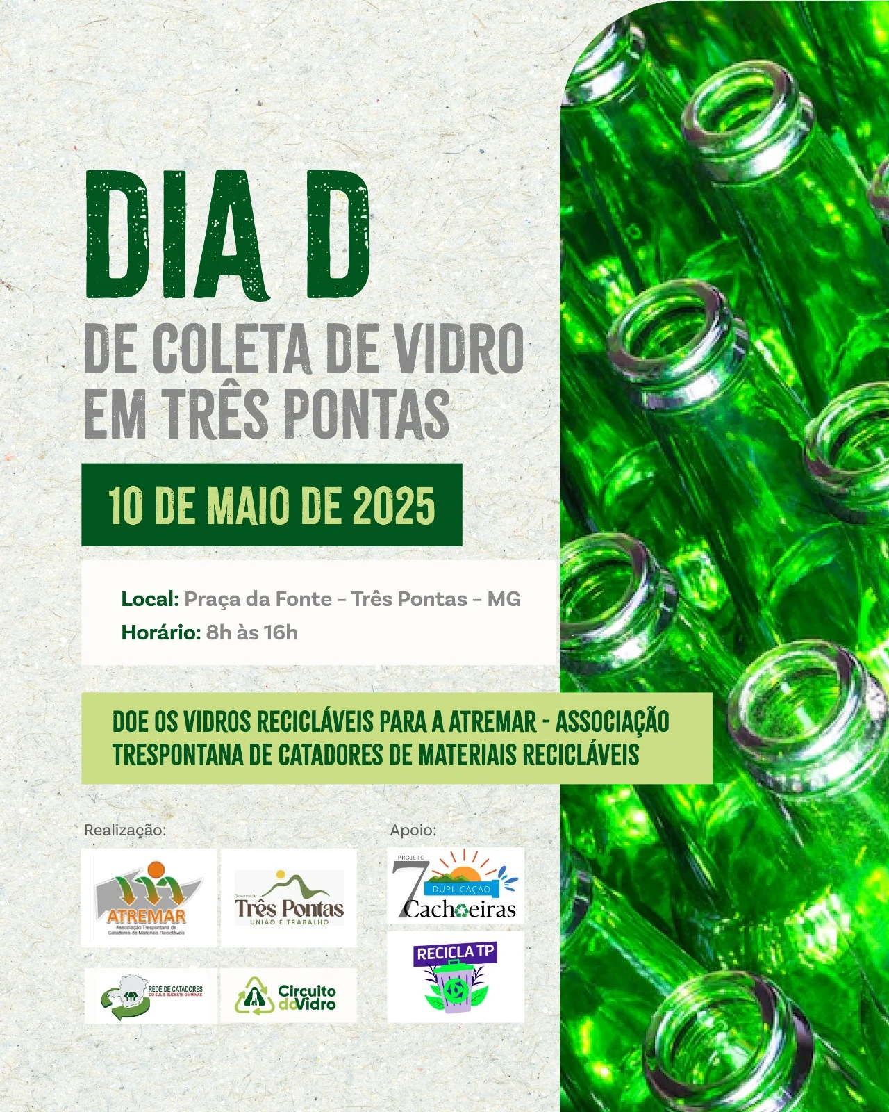 Três Pontas convoca! Leve seus vidros para o Dia D da Reciclagem e ajude o meio ambiente e a Atremar